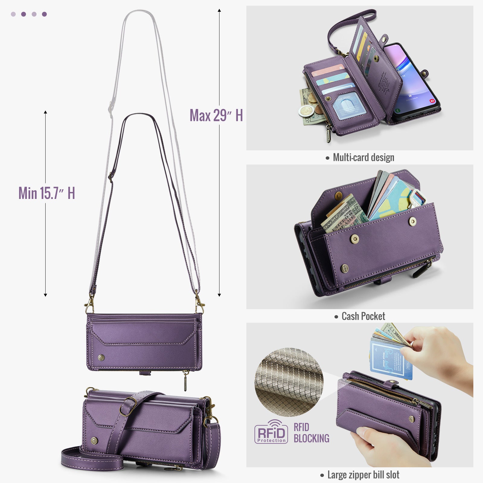 For Samsung Galaxy A16 5G / A16 4G Case CASEME C36 Series Zipper Wallet Leather Phone Cover with Straps - Purple For Samsung Galaxy A16 5G / A16 4G Case CASEME C36 Series Zipper Wallet Leather Phone Cover with Straps - Purple